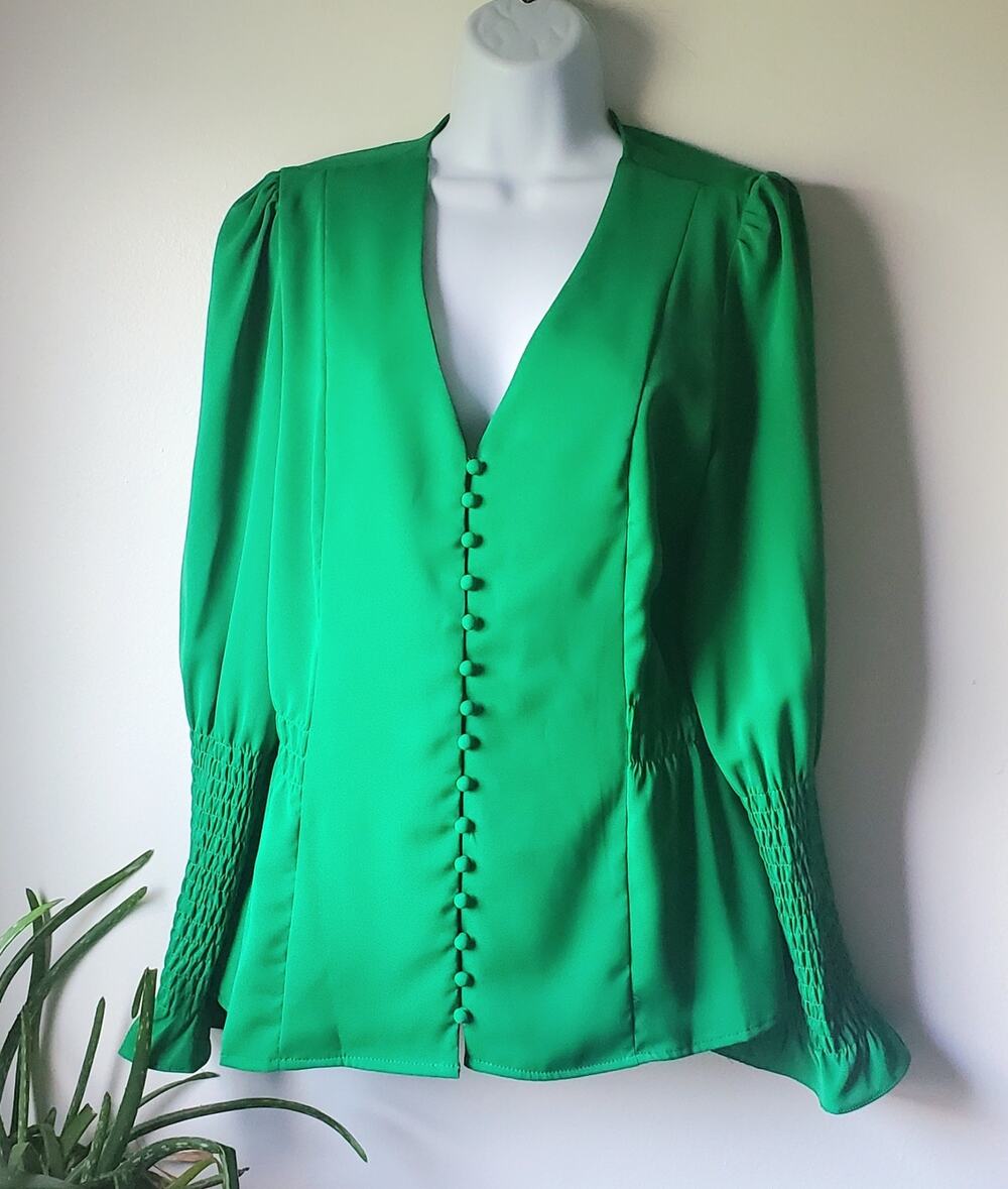Alpha & Omega Green Victorian Button Up Long Sleeve Blouse Size Large Peasant
